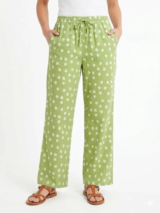 Women's Green Floral Wide-Leg Drawstring Pants - Picture 1 of 11